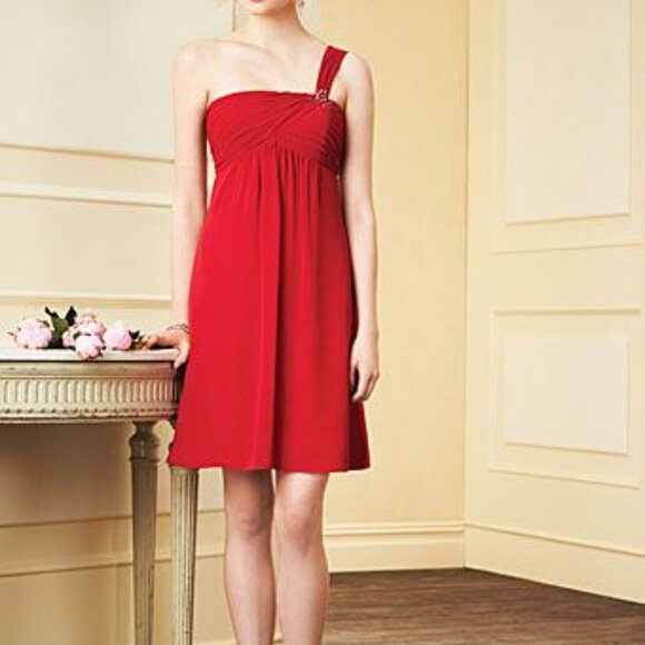 Knee-Length Chiffon Bridesmaids Dress, Espresso Dark Brown 1-Shoulder with Bling - Picture 3 of 3